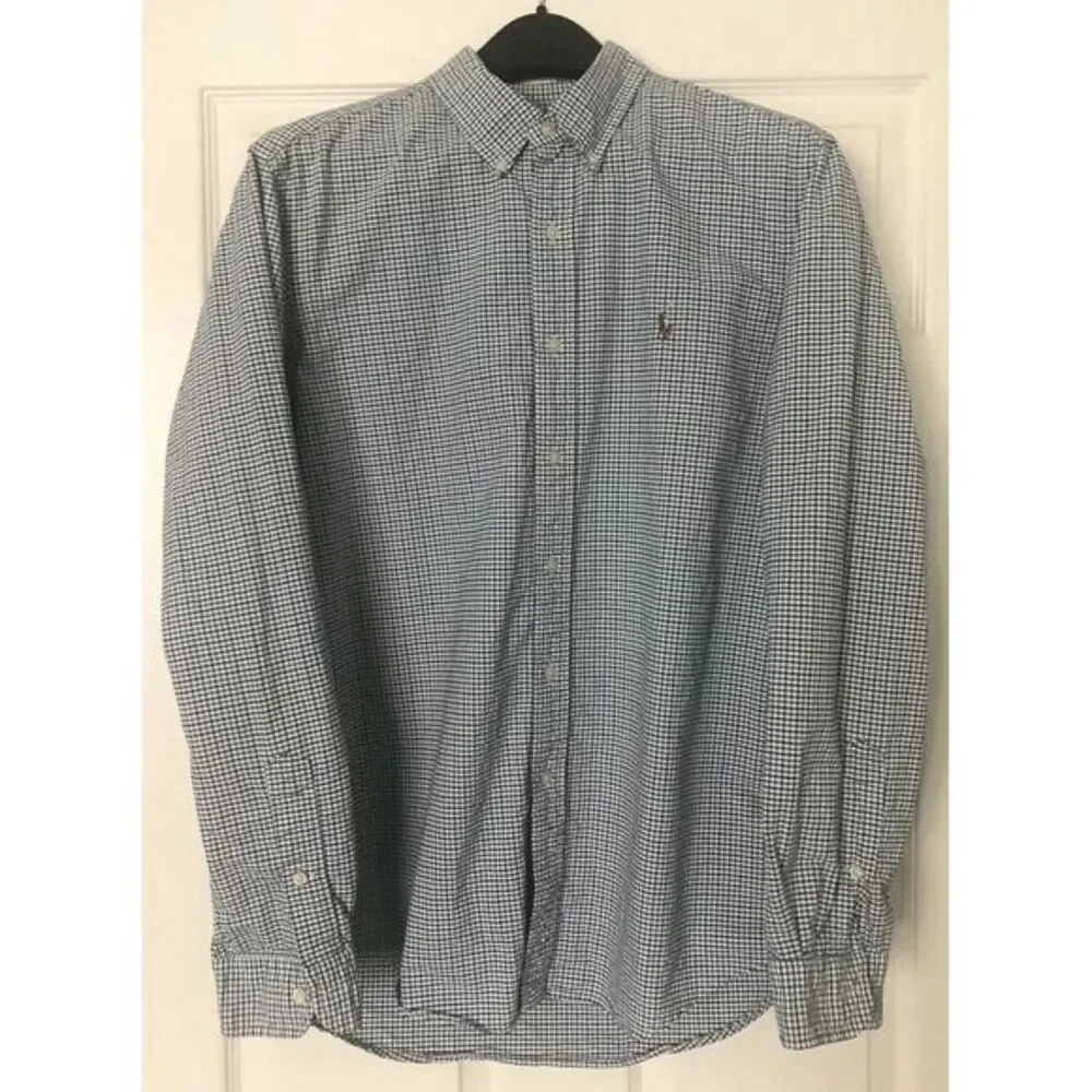 Ralph Lauren Men's Large Long Sleeve Button Pony Shirt Blue‎ Green Check *Stain